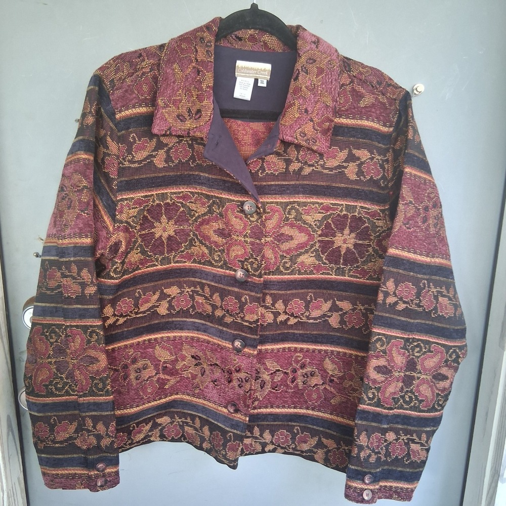 STUNNING & Majestic Floral Tapestry Jacket Blazer XL Burgundy Navy Woven